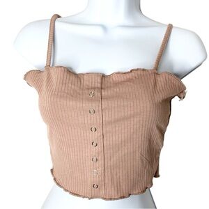 Primark Crop Tank Top Button Front Taupe Lettuce  trim Ribbed Size Small